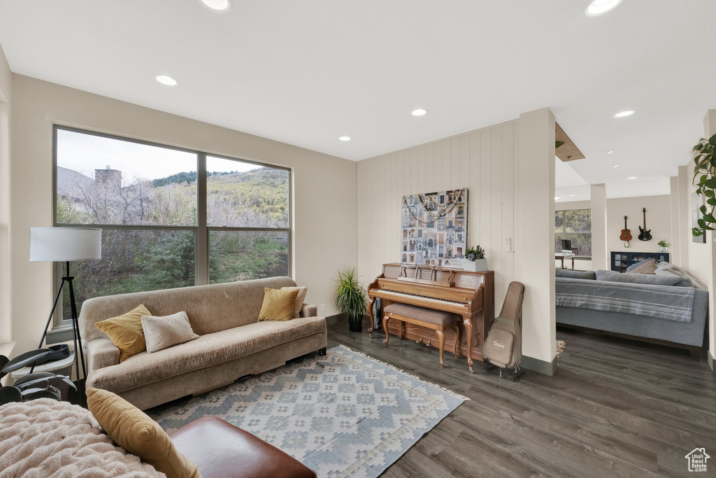 Living room featuring wood finished floors and recessed lighting