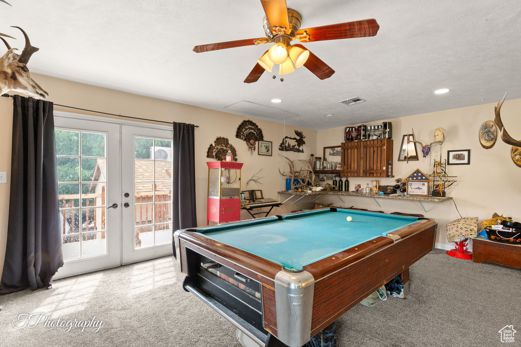 Rec room with carpet floors, billiards, french doors, ceiling fan, and recessed lighting