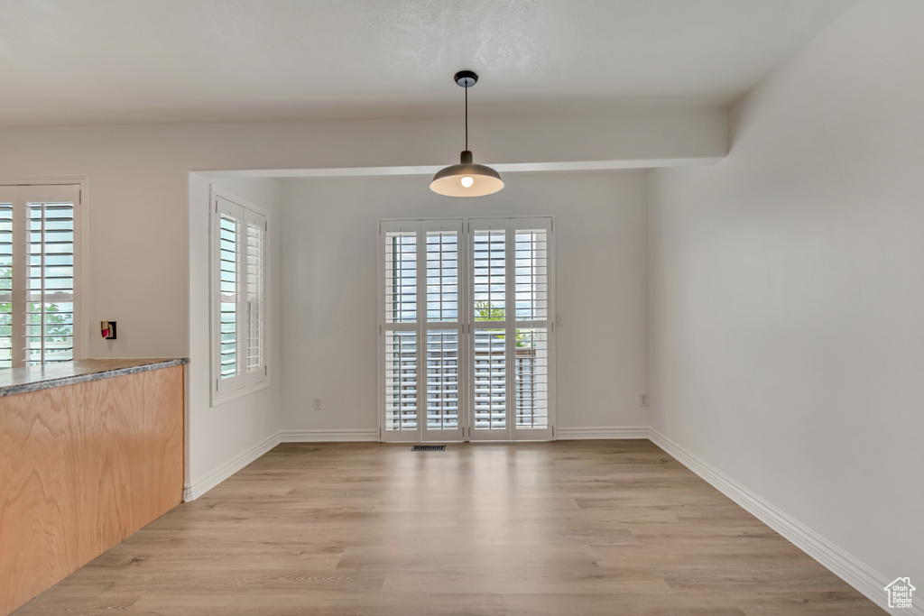 Unfurnished dining area featuring light wood-style flooring, healthy amount of natural light, and baseboards