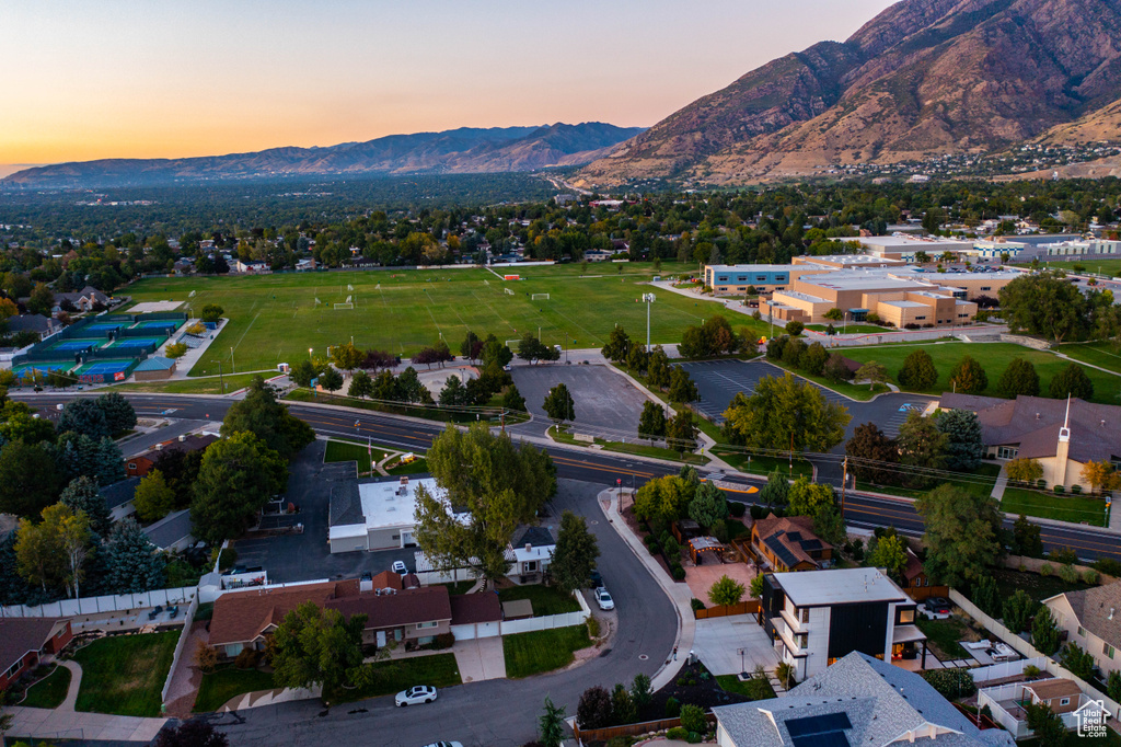 Aerial view at dusk with a mountain view