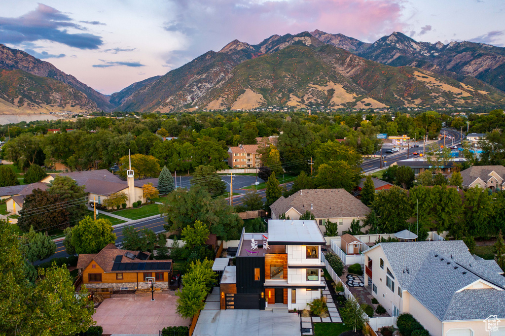 Aerial view at dusk with a mountain view