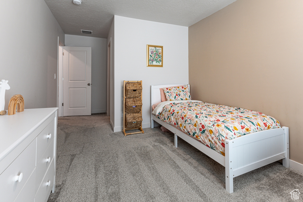 Bedroom with carpet floors, a textured ceiling, and baseboards