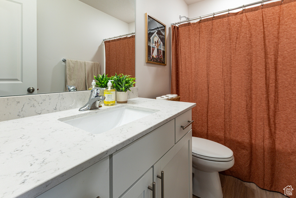 Bathroom with vanity, toilet, and wood finished floors
