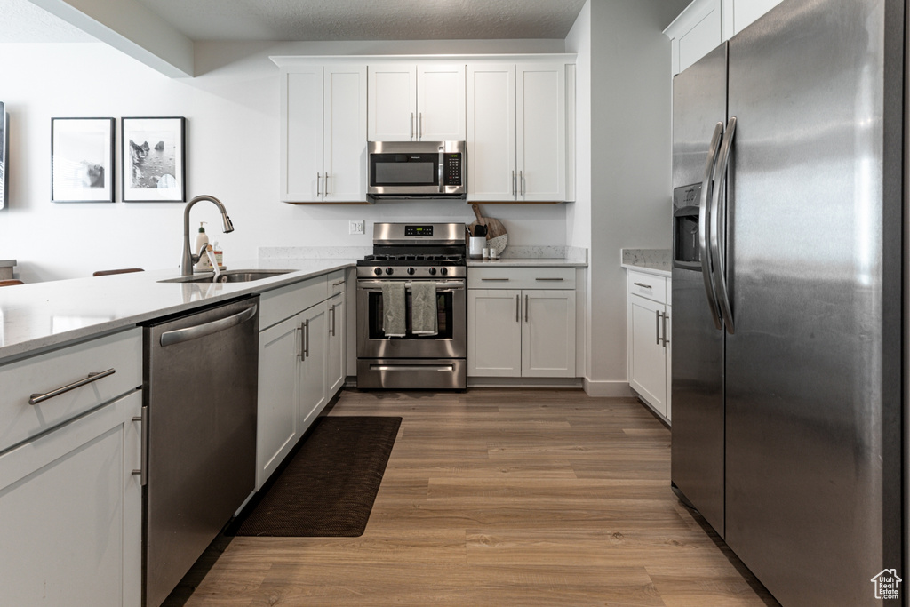 Kitchen with stainless steel appliances, a sink, light countertops, and wood finished floors