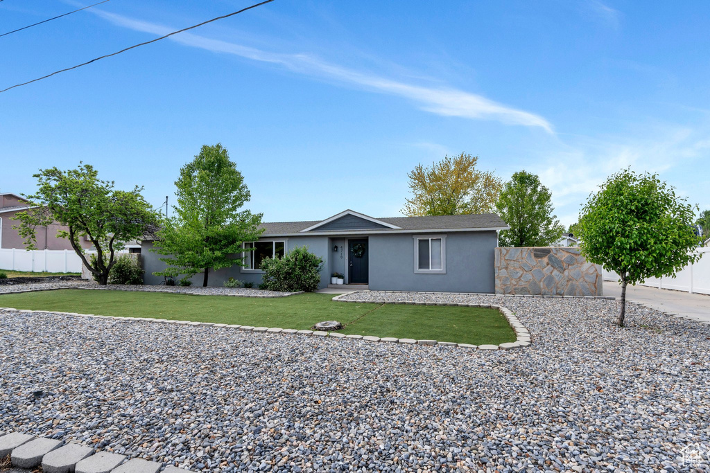 Ranch-style home with stucco siding and roof with shingles