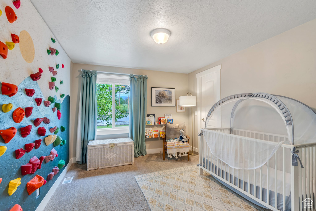Carpeted bedroom featuring a textured ceiling and baseboards