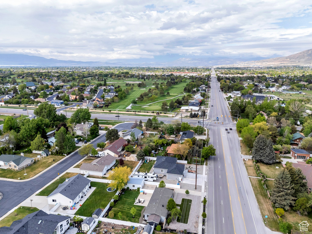 Aerial view of residential area with mountains
