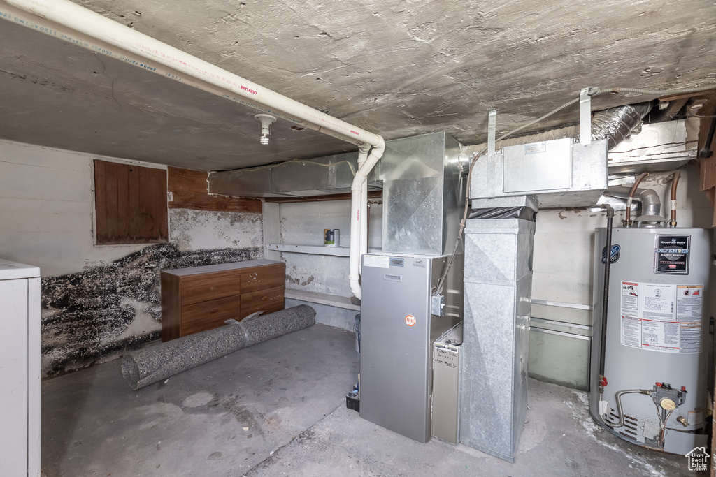 Unfinished basement with water heater and heating unit