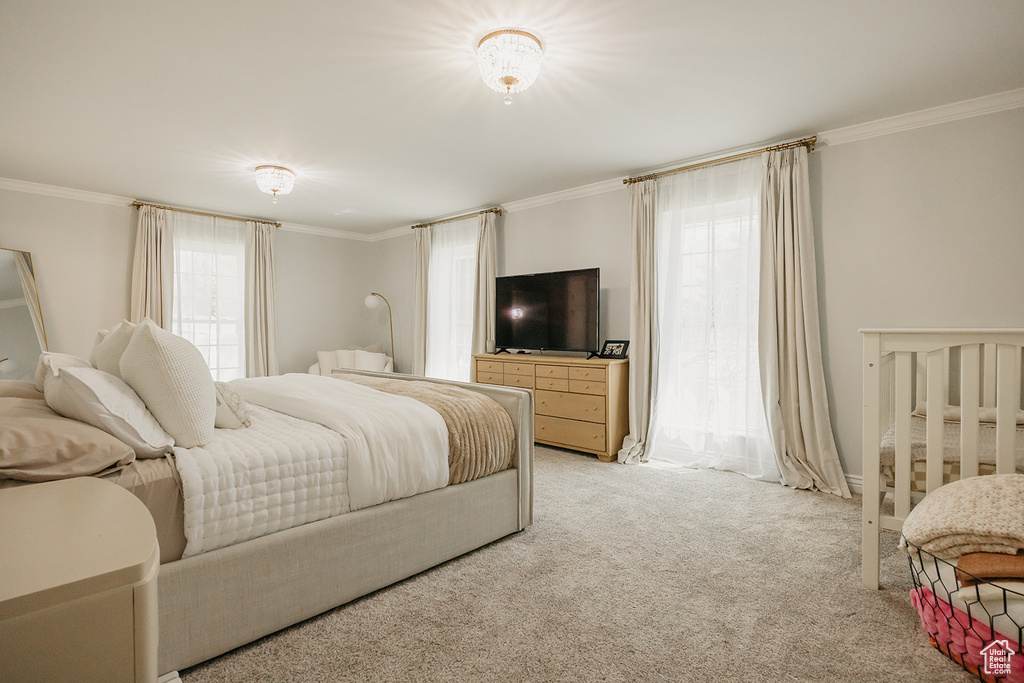 Bedroom with light carpet and ornamental molding