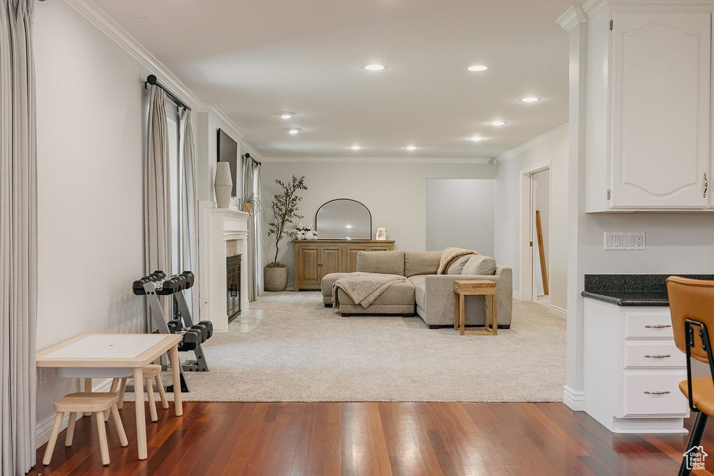Living area with a fireplace with flush hearth, dark wood-style flooring, baseboards, ornamental molding, and recessed lighting