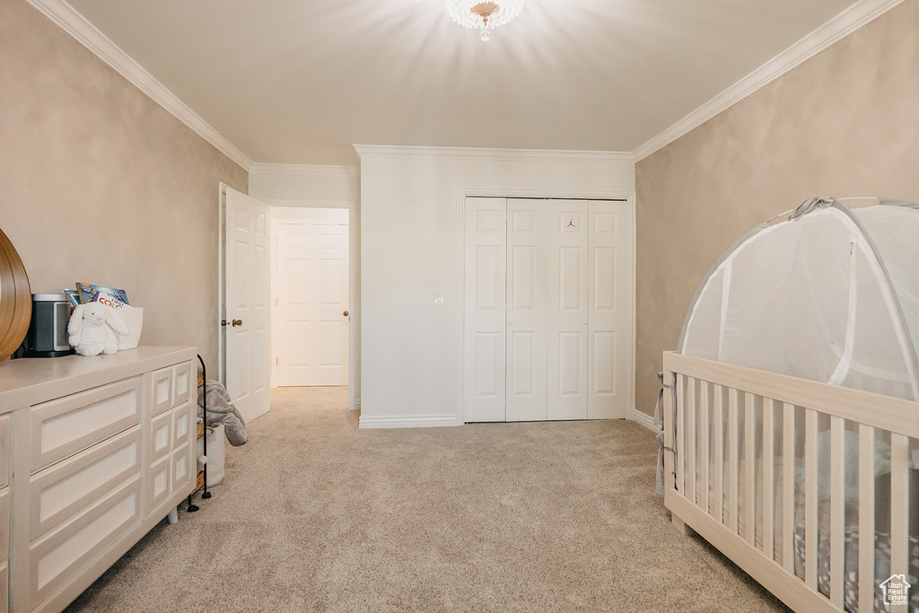 Bedroom with crown molding, a closet, baseboards, and carpet floors