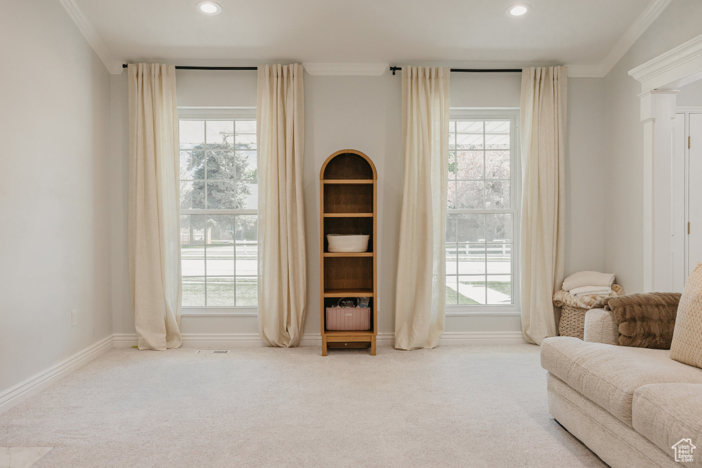 Living area with carpet, ornamental molding, and recessed lighting
