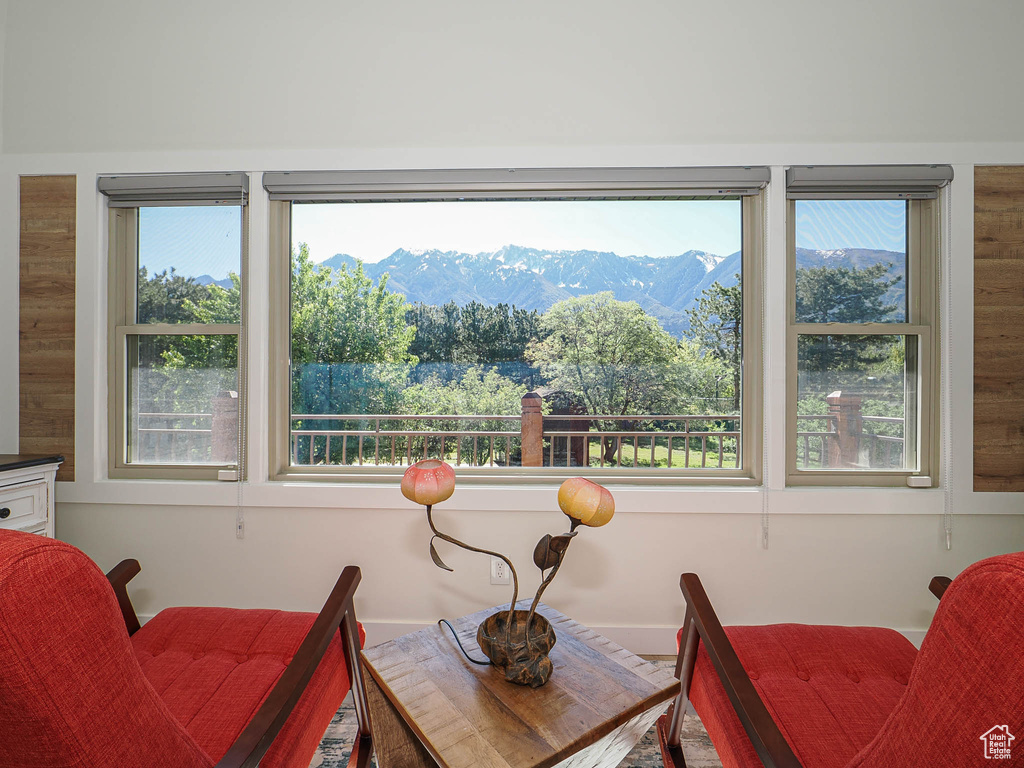 Sitting room featuring a mountain view