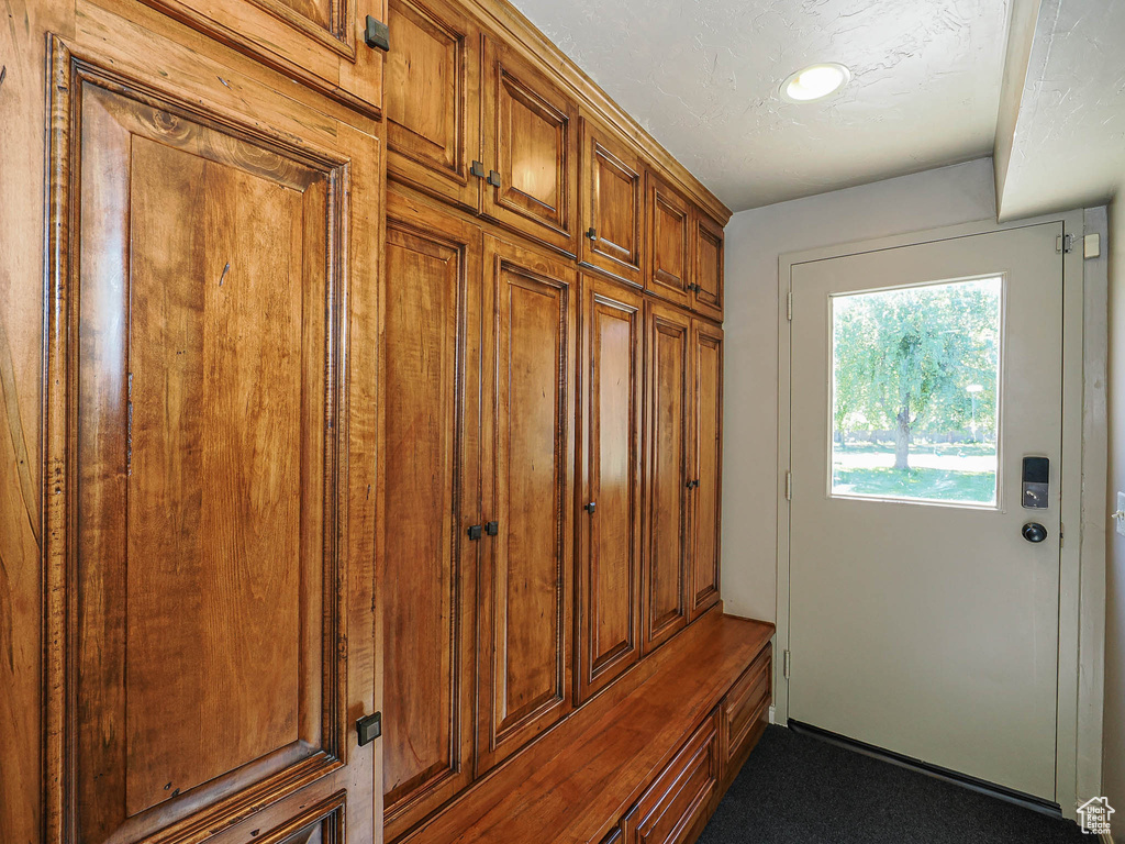 Mudroom featuring carpet