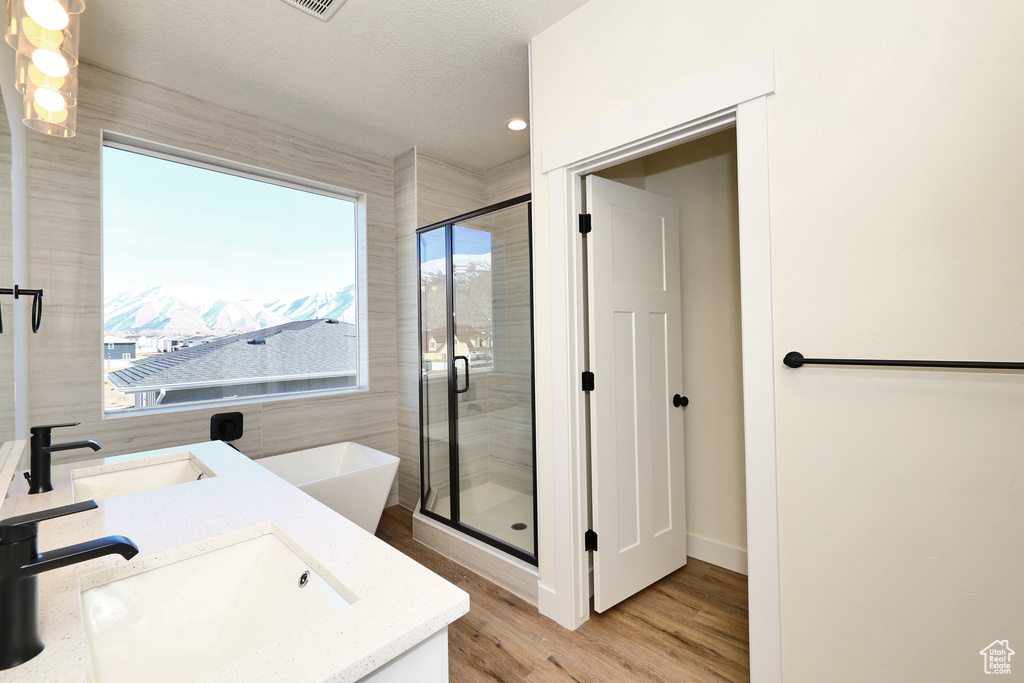 Full bathroom with a shower stall, double vanity, wood finished floors, and recessed lighting