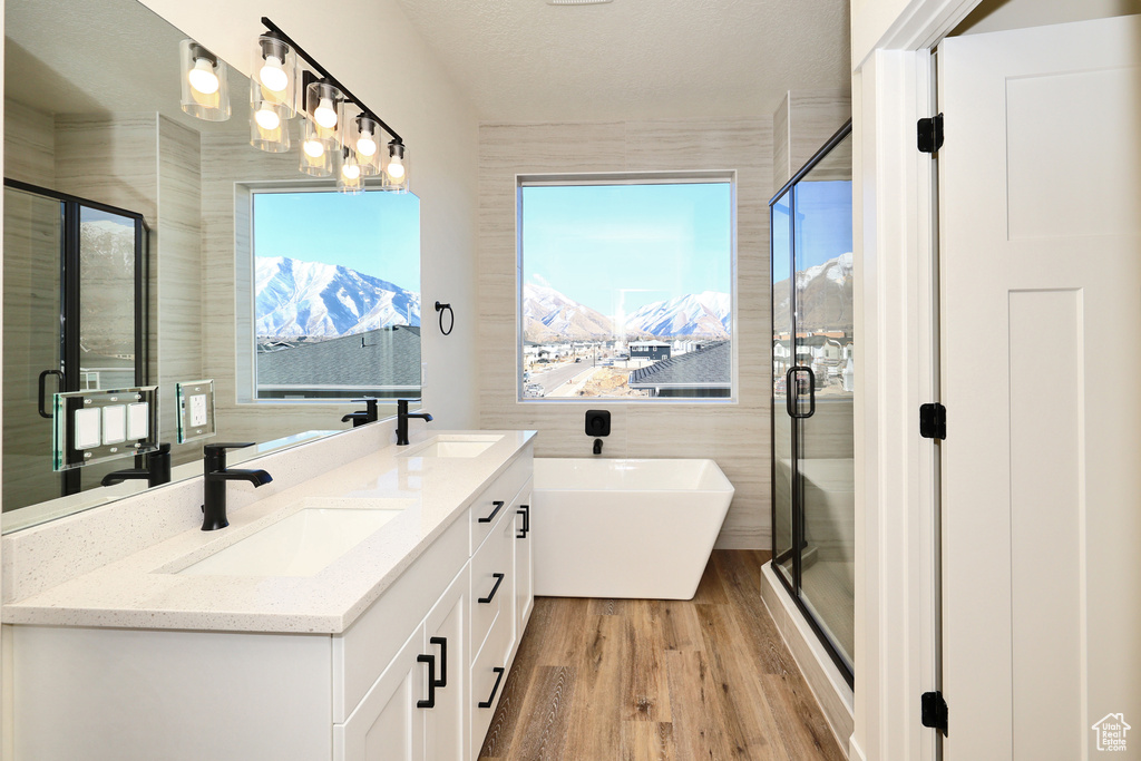 Bathroom with wood finished floors, a stall shower, double vanity, a freestanding bath, and a textured ceiling