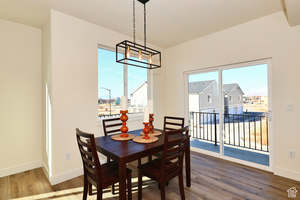 Dining area with wood finished floors, a chandelier, baseboards, and plenty of natural light
