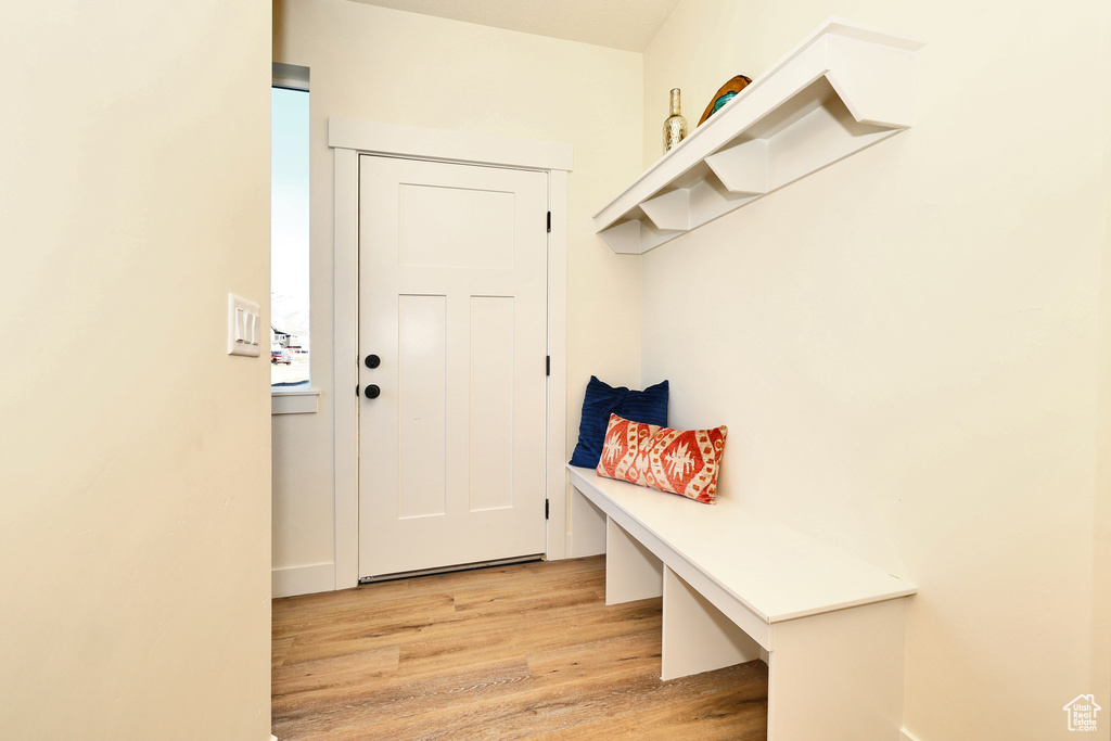Mudroom featuring light wood finished floors