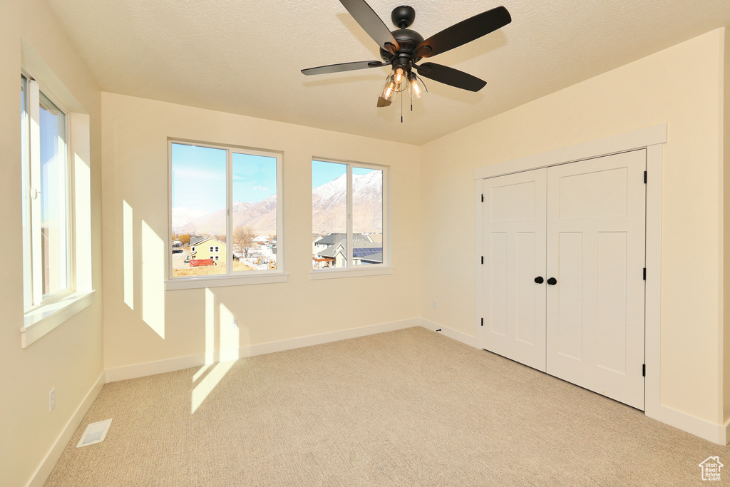 Unfurnished bedroom featuring light colored carpet, baseboards, a mountain view, and a closet