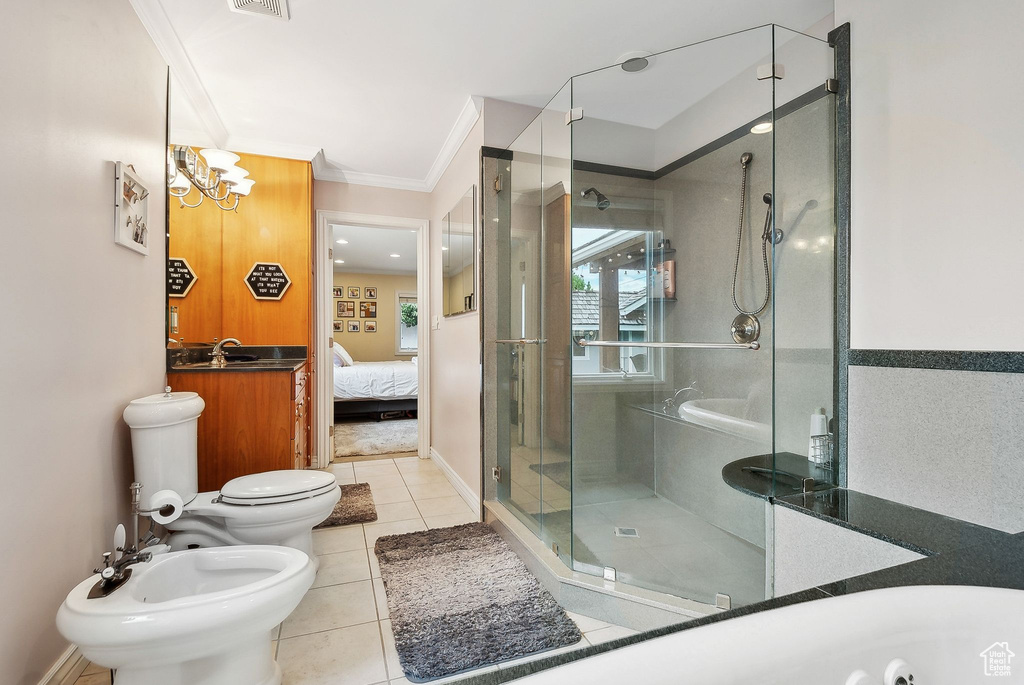 Full bathroom featuring crown molding, a stall shower, toilet, a bidet, and a sink