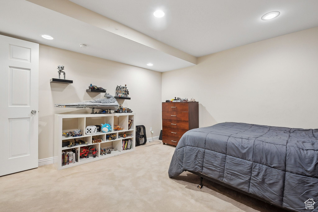 Bedroom featuring recessed lighting, carpet floors, and baseboards