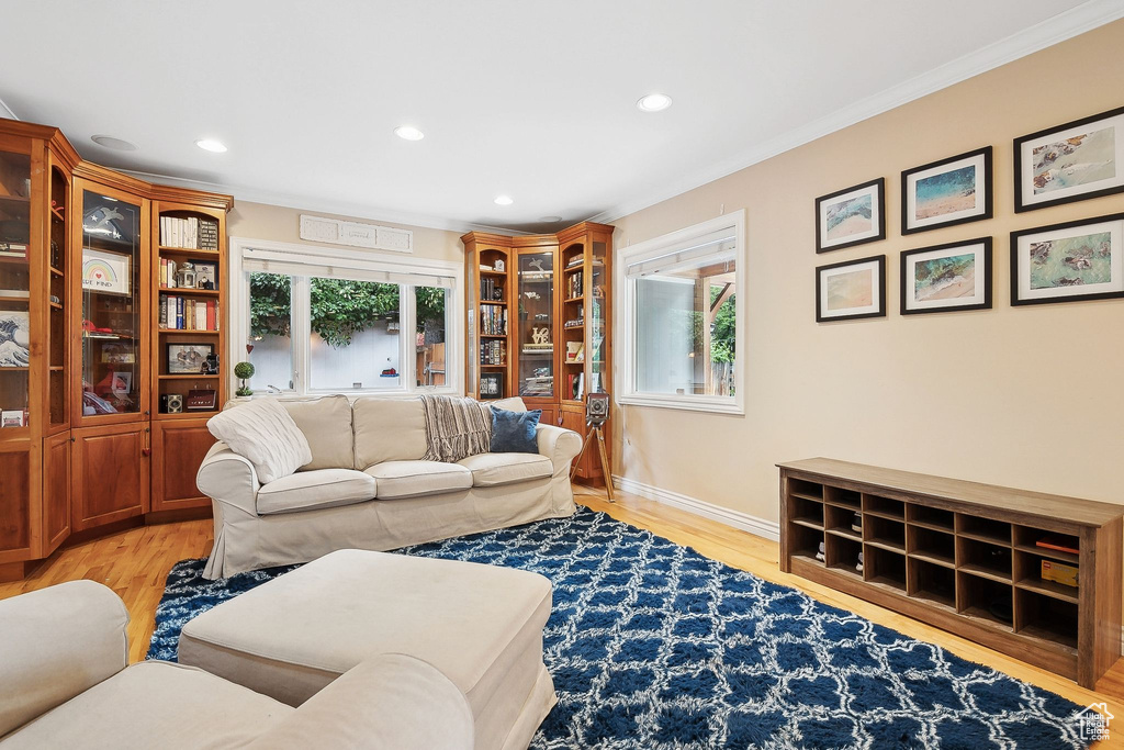 Living area featuring ornamental molding, light wood finished floors, recessed lighting, and baseboards