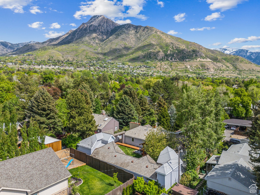 Aerial view of residential area with mountains