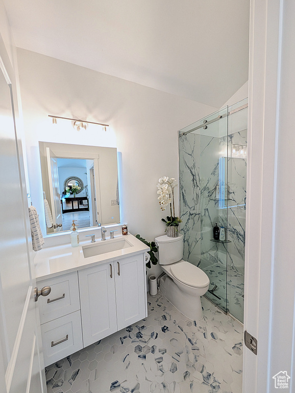 Full bathroom with toilet, a marble finish shower, and vanity