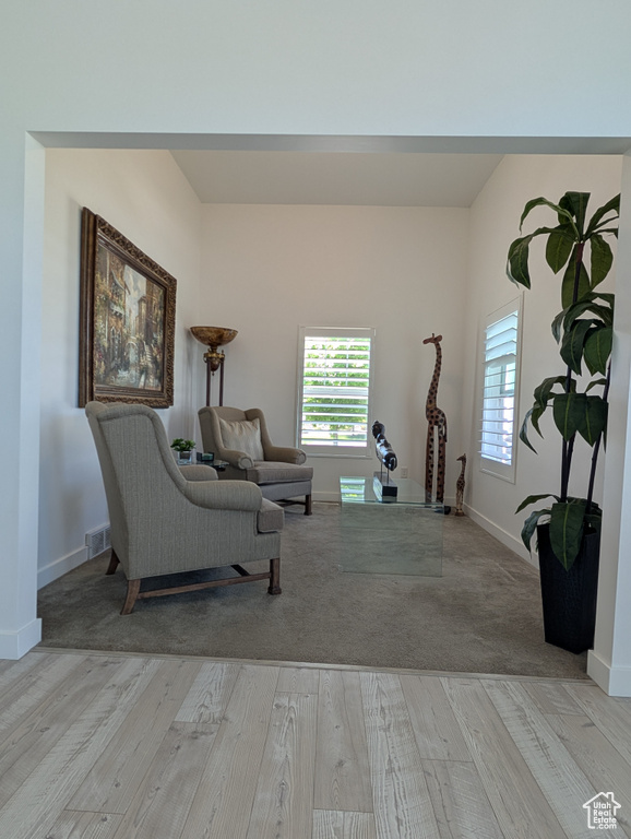 Sitting room featuring light wood-style floors, healthy amount of natural light, and baseboards