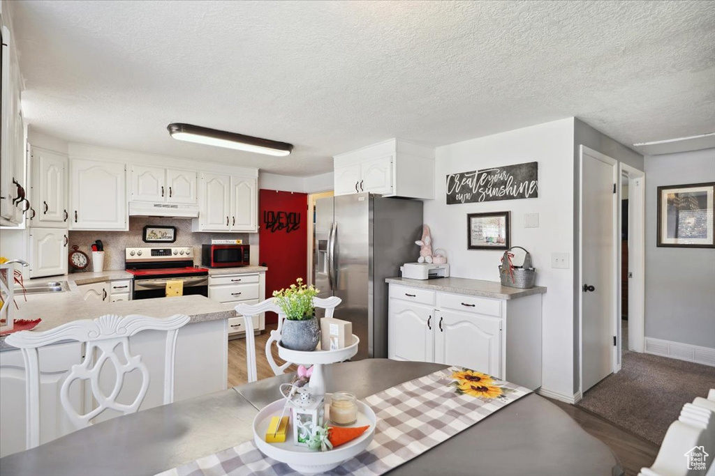 Kitchen featuring stainless steel appliances, under cabinet range hood, a peninsula, white cabinets, and light countertops