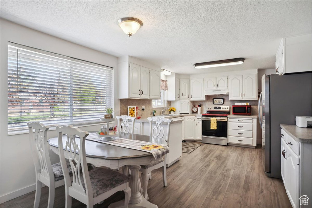 Kitchen featuring stainless steel appliances, under cabinet range hood, a sink, a textured ceiling, and light wood-style floors