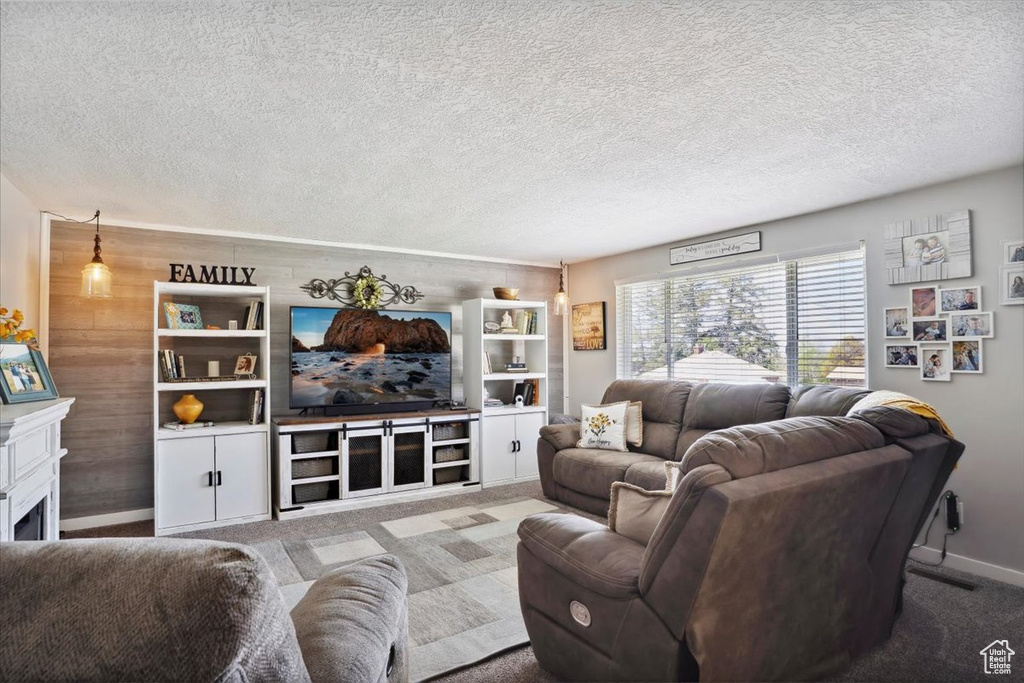 Living area with carpet floors, wood walls, baseboards, a textured ceiling, and a fireplace