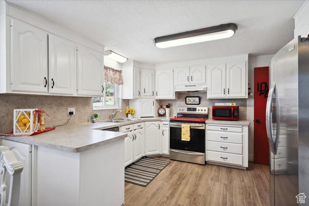 Kitchen featuring appliances with stainless steel finishes, under cabinet range hood, a sink, a peninsula, and white cabinetry