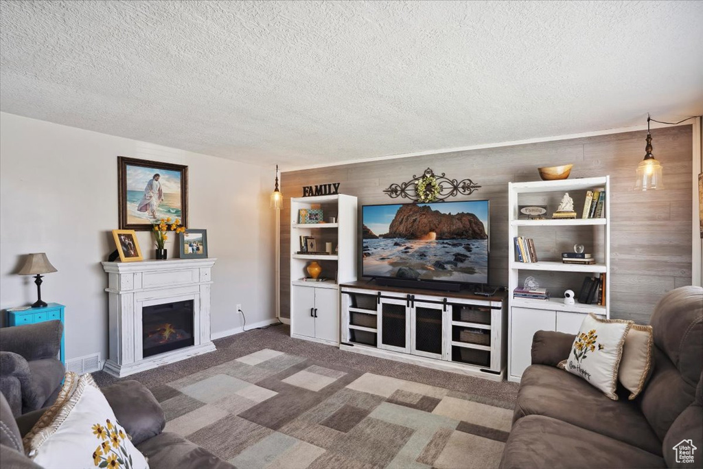 Living room featuring carpet flooring, a textured ceiling, a glass covered fireplace, and wooden walls