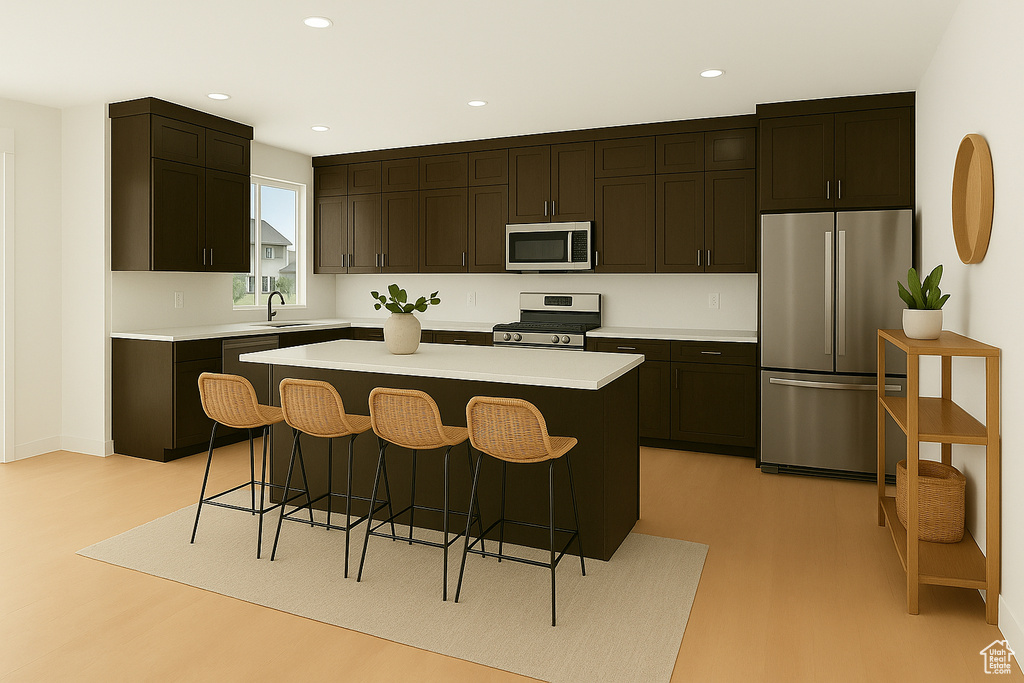 Kitchen featuring stainless steel appliances, light wood-type flooring, a kitchen breakfast bar, light countertops, and recessed lighting