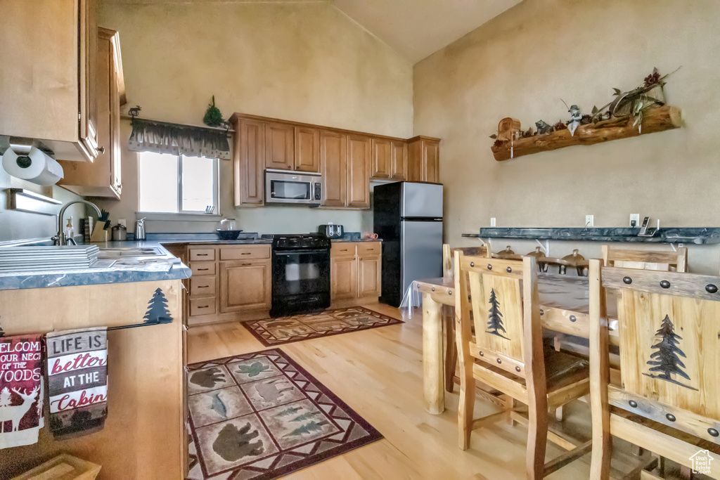 Kitchen with stainless steel appliances, high vaulted ceiling, light wood-style floors, a sink, and dark countertops