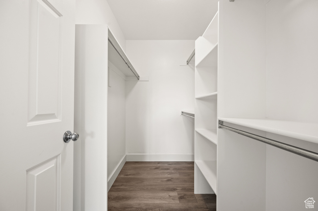 Walk in closet with dark wood-style flooring