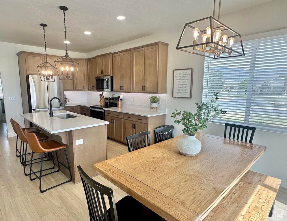 Kitchen featuring stainless steel appliances, a chandelier, a sink, tasteful backsplash, and a kitchen island with sink
