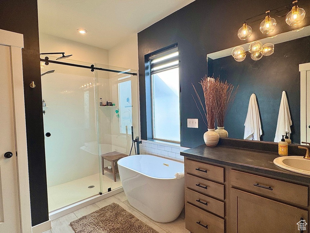 Bathroom with a shower stall, a freestanding tub, and vanity