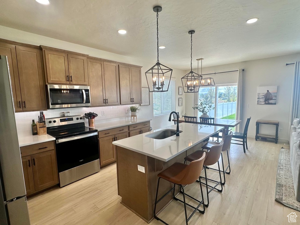 Kitchen with stainless steel appliances, a sink, tasteful backsplash, a breakfast bar area, and light wood finished floors