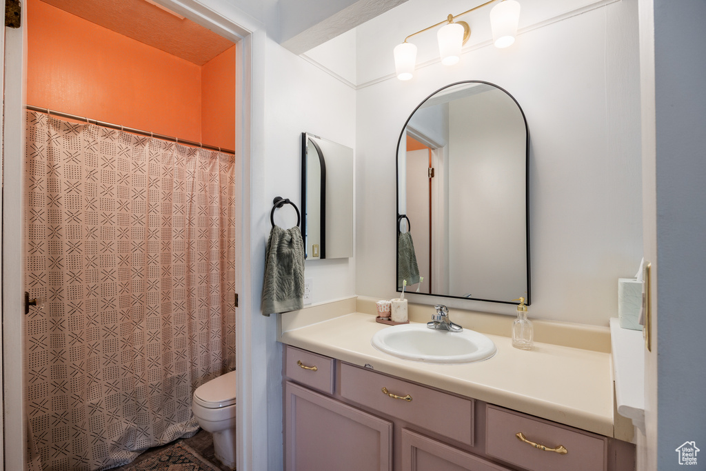 Full bathroom with toilet, vanity, and a shower with shower curtain