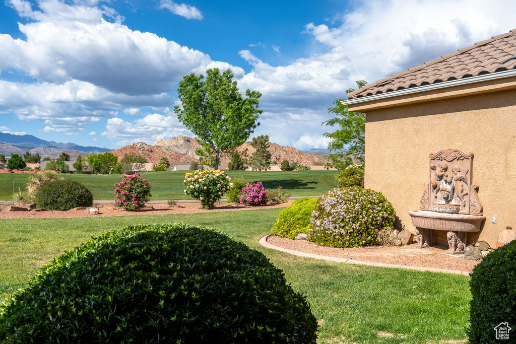 View of grassy yard with a mountain view