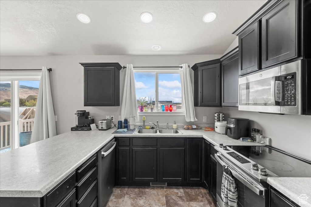 Kitchen featuring a sink, a peninsula, a wealth of natural light, and stainless steel appliances