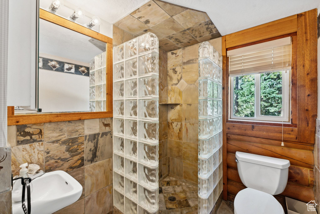Bathroom featuring walk in shower, a sink, and toilet