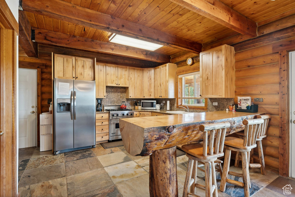 Kitchen with stainless steel appliances, light brown cabinetry, beam ceiling, wooden ceiling, and a peninsula