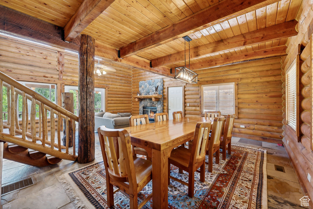 Dining space featuring wooden ceiling, a fireplace, beamed ceiling, and log walls