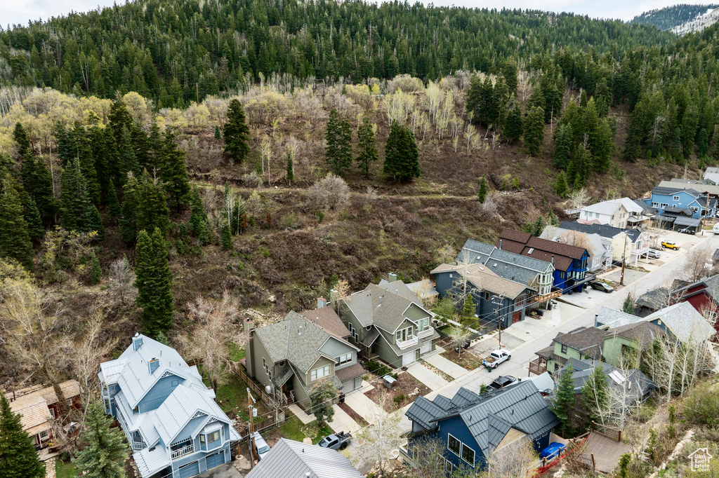 Aerial view of residential area with a heavily wooded area