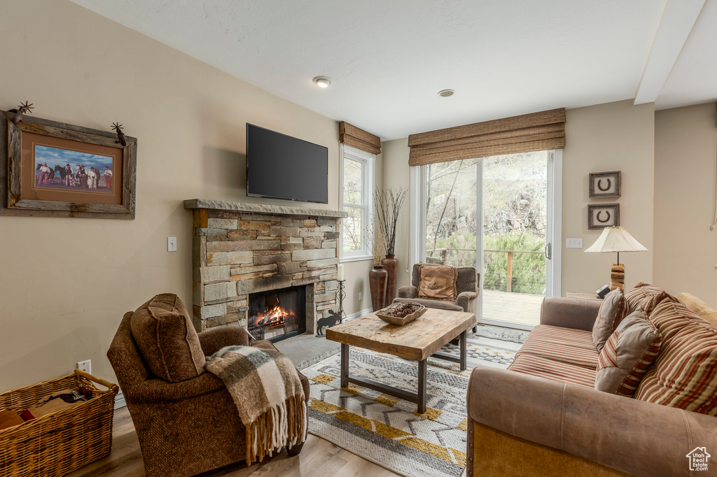 Living area featuring a fireplace and light wood-style flooring