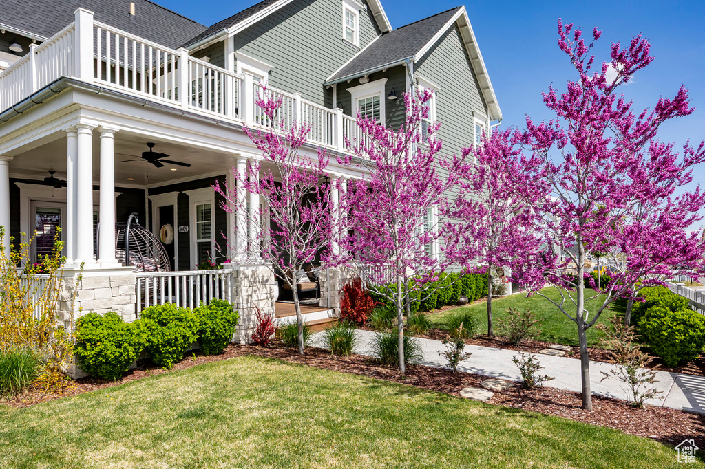Back of property with ceiling fan, a balcony, a lawn, and a shingled roof
