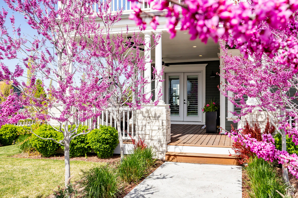 View of exterior entry featuring french doors